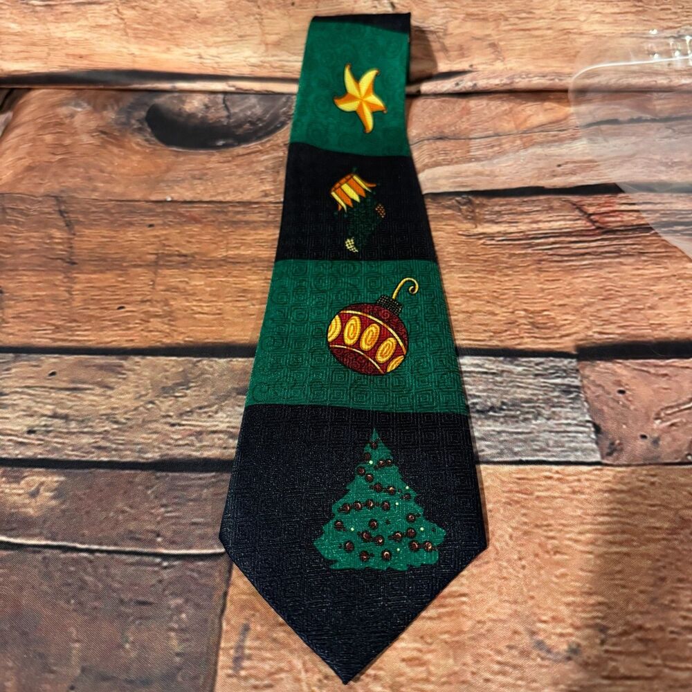 Vintage A. Rogers Christmas Tie Ornaments & Tree Novelty Necktie Black/Green